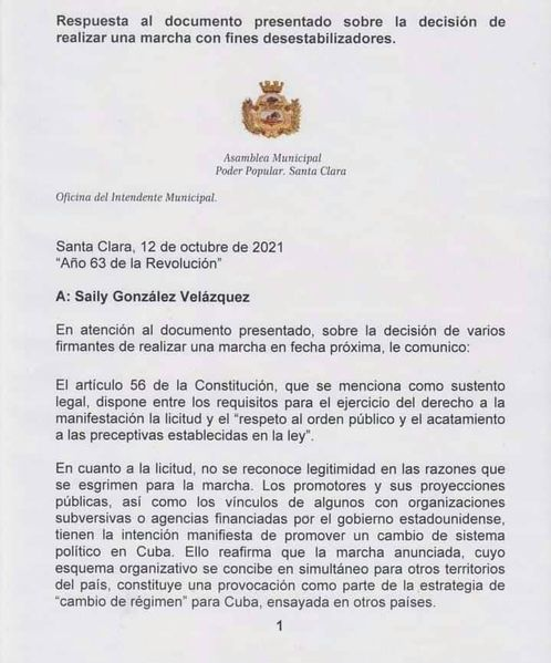 El gobierno municipal de La Habana Vieja, en esta capital, denegó hoy el permiso a una marcha cuyos promotores vinculó con organizaciones subversivas y consideró sus propósitos como provocación carente de legalidad.